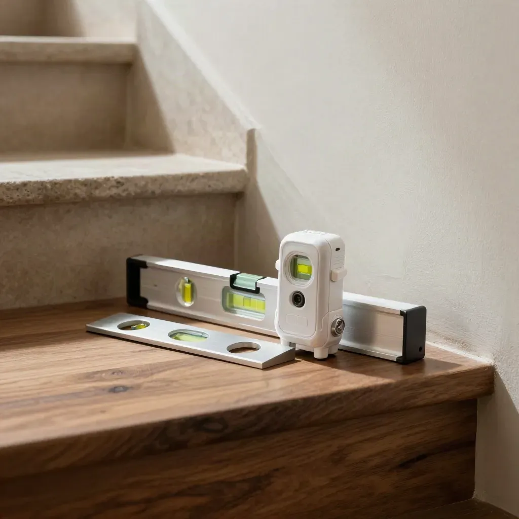Kit per sopralluogo tecnico su scala, con livello, distanziometro e campione di guida.