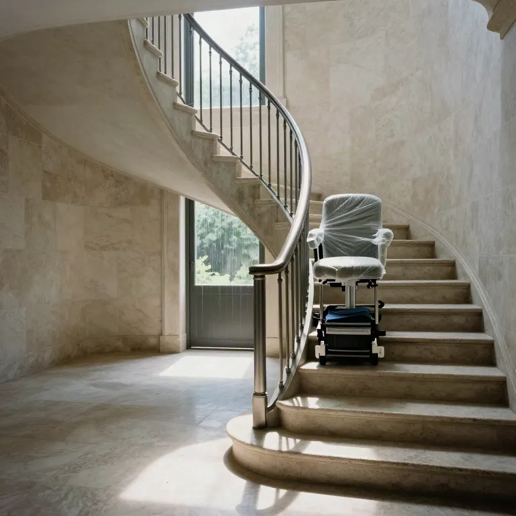 Montascale curvo in una villa in pietra, luce drammatica e atmosfera elegante.