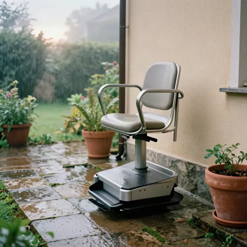 Sedia montascale esterna su terrazza bagnata a Padova, tra vasi di terracotta e pietra umida.