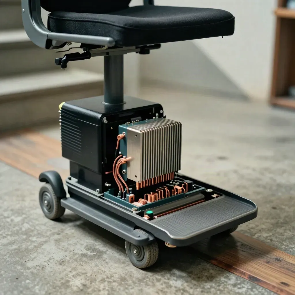Dettaglio macro di batteria e modulo controllo riparati su pianerottolo di scala.