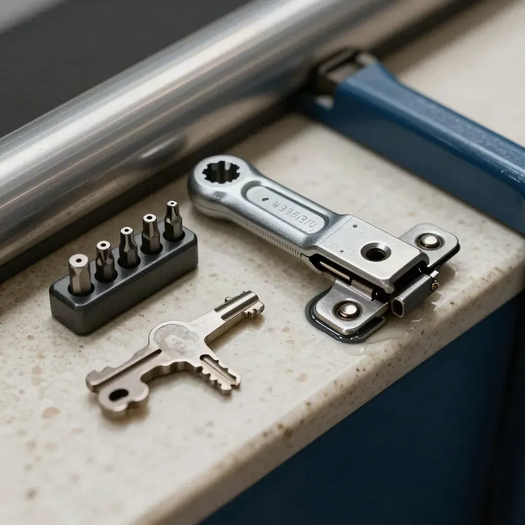 Macro di chiave dinamometrica, inserti torx, chiave servizio e cerniera ingrassata su travertino.