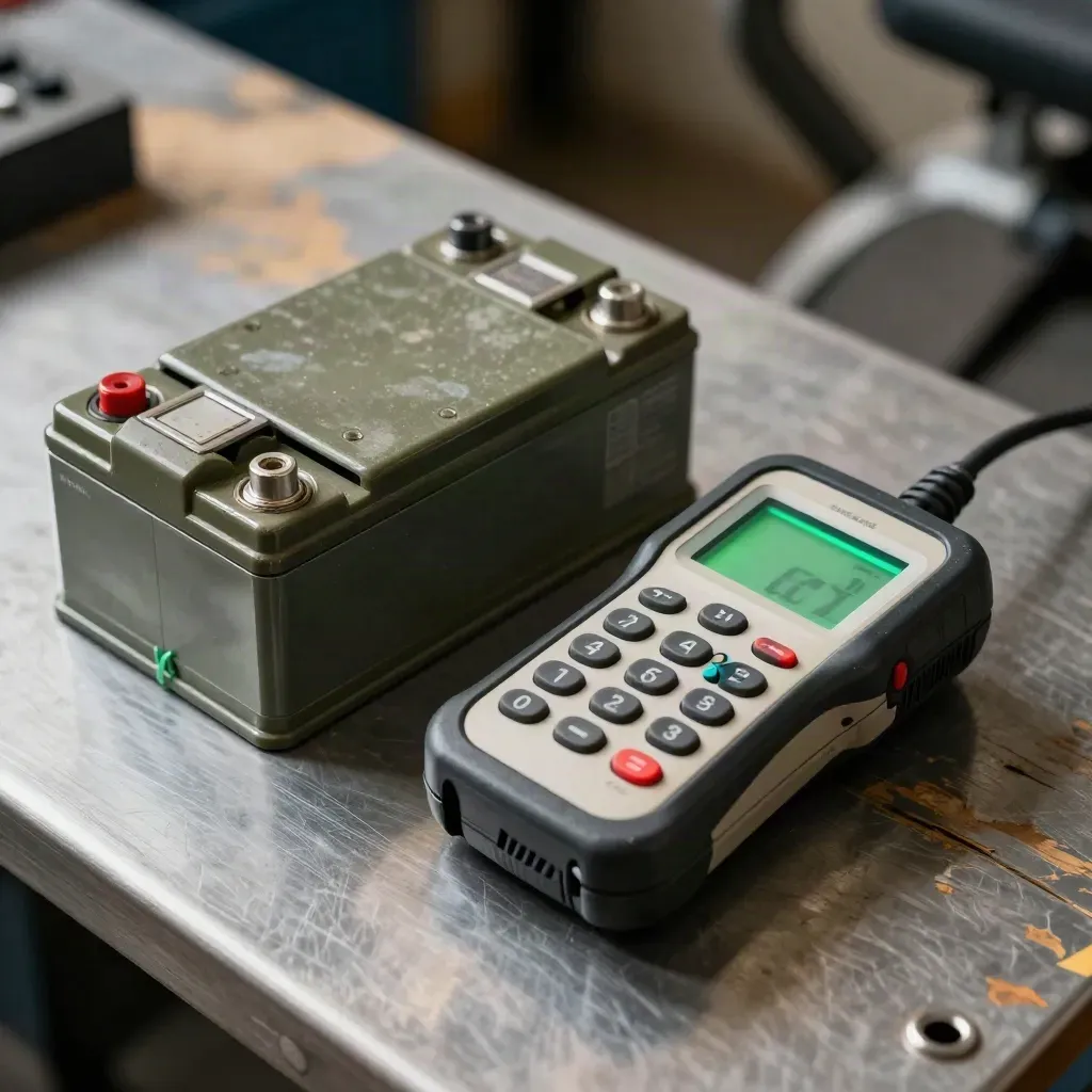 Batteria, base di ricarica, palmare diagnostico e fusibili su banco officina.