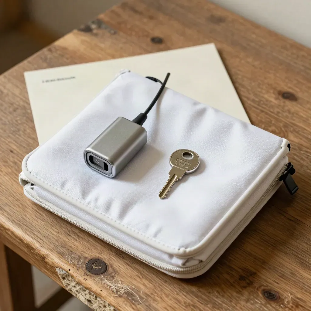 Kit noleggio montascale con coprisedile bianco, chiave duplicata e custodia imbottita su banco di legno.