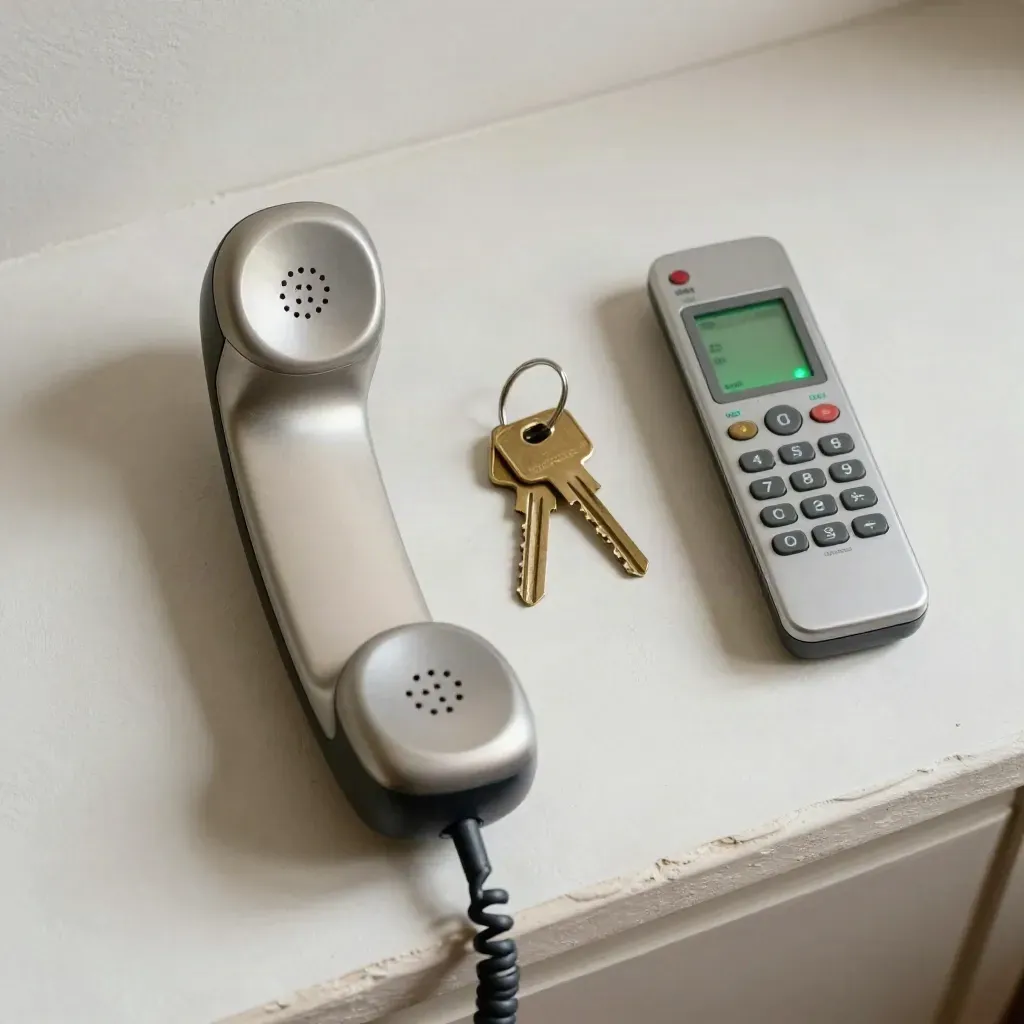 Telefono cordless, chiavi in ottone e telecomando per montascale su fondo chiaro, luce morbida