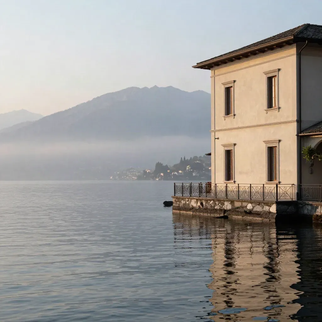 Villa sul Lago di Como al crepuscolo, lago calmo e Alpi avvolte nella nebbia.