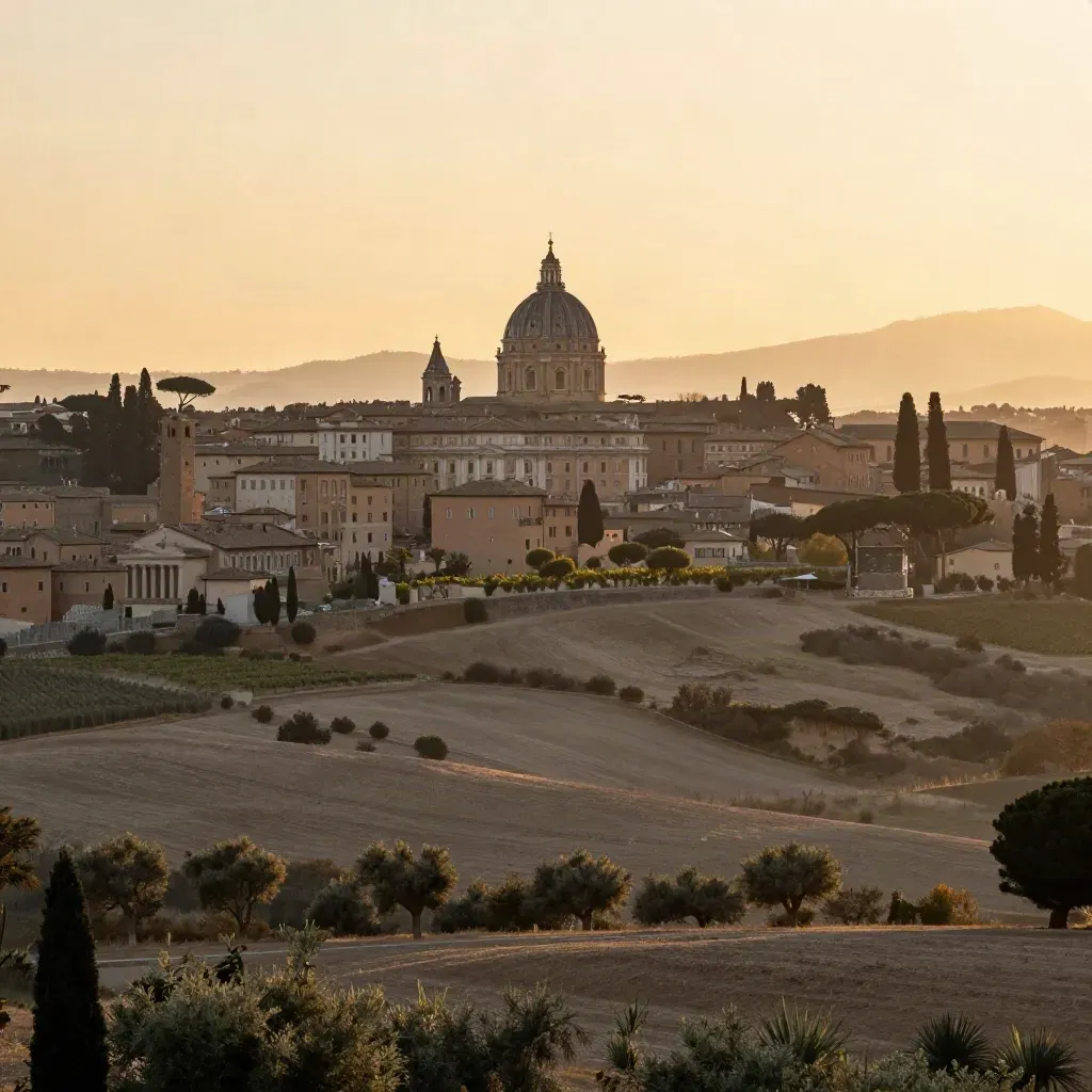 Panorama del Lazio al tramonto con skyline di Roma, cupola e colline in luce dorata.