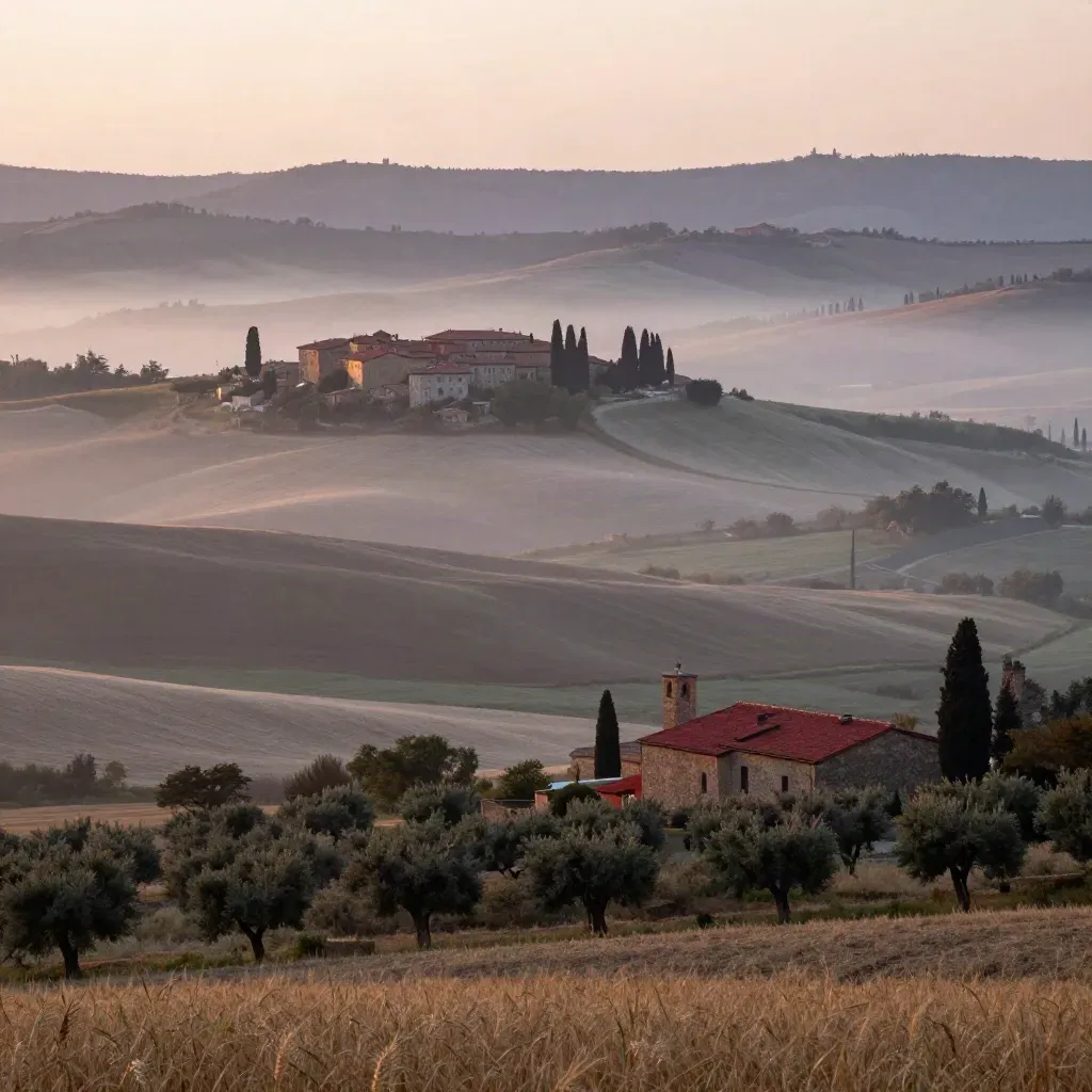Colli dell’Emilia-Romagna all’alba con nebbia e borgo sui pendii.