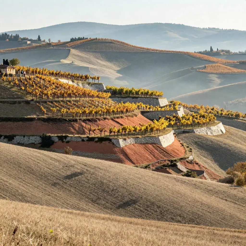 Terrazze vitate del Piemonte al tramonto con Alpi lontane e luce calda.